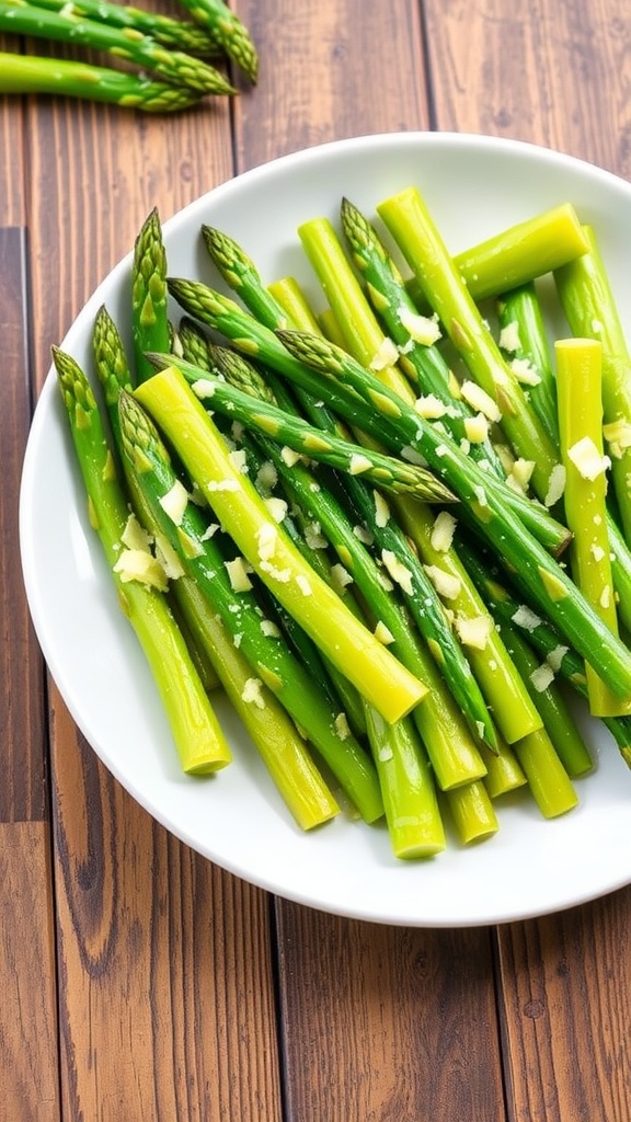 Sautéed garlic butter asparagus garnished with Parmesan cheese on a rustic table.